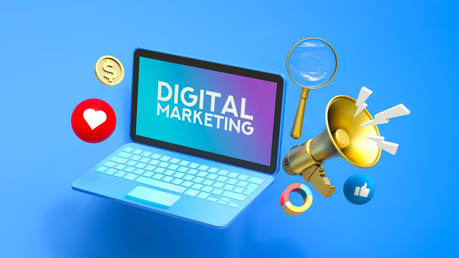 Digital Marketing Strategy with Floating Laptop Displaying Text and Icons. 3D Rendering