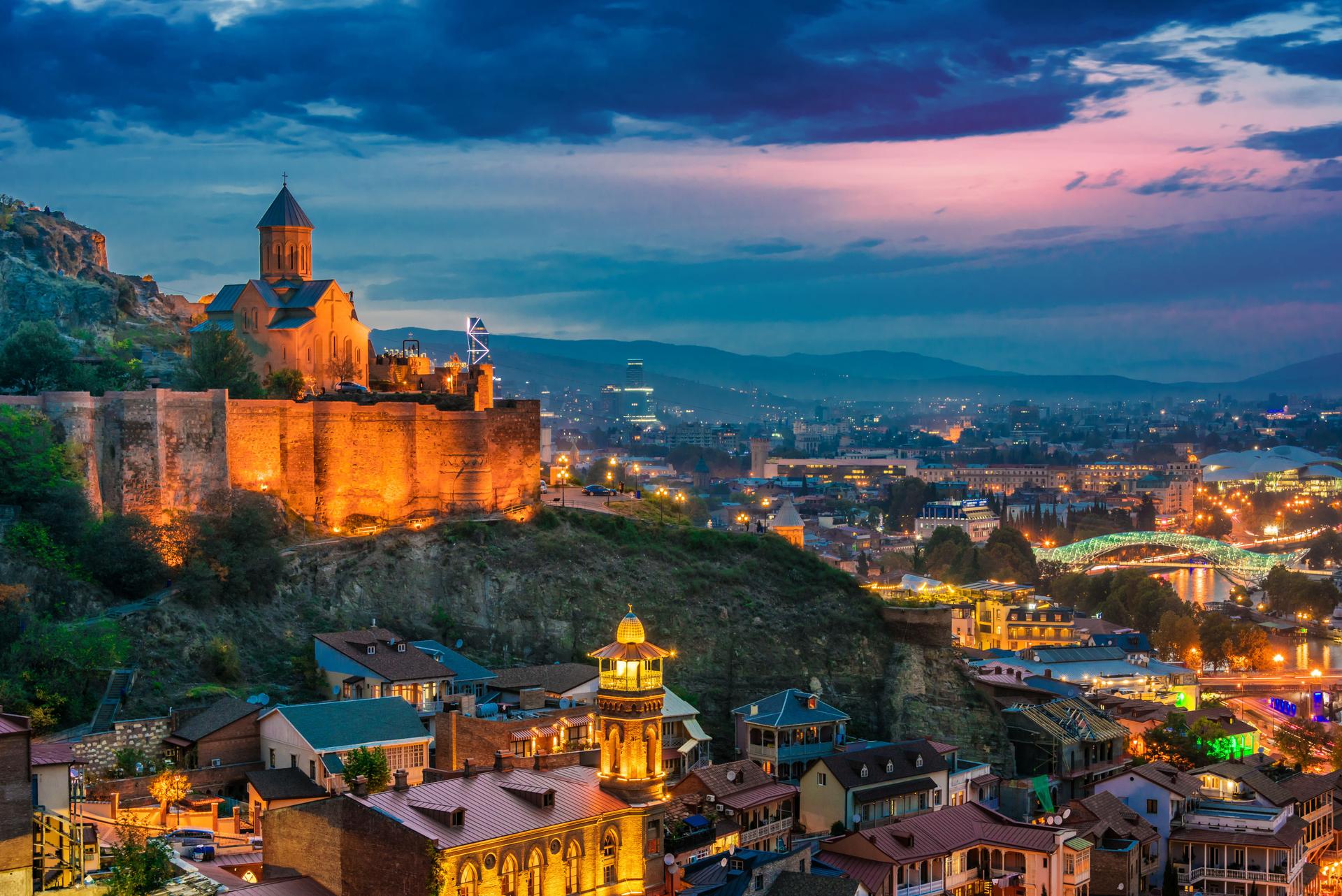 Panoramic view of Tbilisi, Georgia after sunset